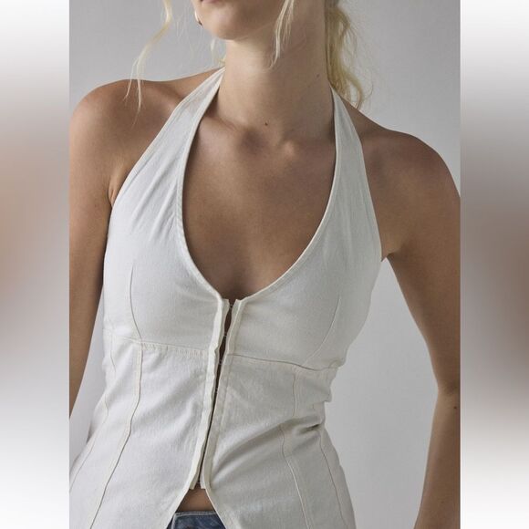 NEW Urban Outfitters Sari Seamed Linen-Blend Halter Vest Top Arctic Wolf Small - Picture 2 of 5